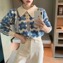 韓版氣質顯瘦polo領針織衫毛衣女2020秋冬 新款提花立體花朵短上衣