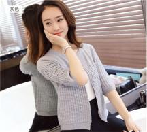 夏季薄款純色短款圓領五分袖針織衫開衫外套
