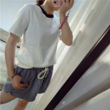 夏裝新品黑領暗條紋韓版休閑短袖必備百搭短袖T恤女修身針織衫