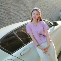 韓版不規則大V領冰絲短袖T恤女夏季薄款寬松顯瘦百搭純色針織衫