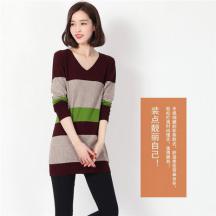 拼接條紋v領修身羊絨衫 中長款女式毛衣