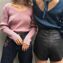 前后大V領綁帶蝴蝶結顯瘦打底針織衫毛衣